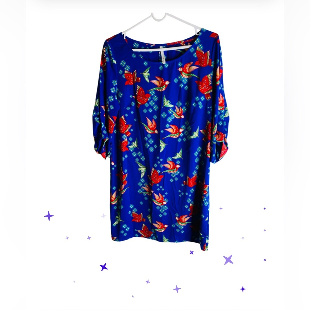 Hello Miss Blue Dress with Colorful Bird Pattern